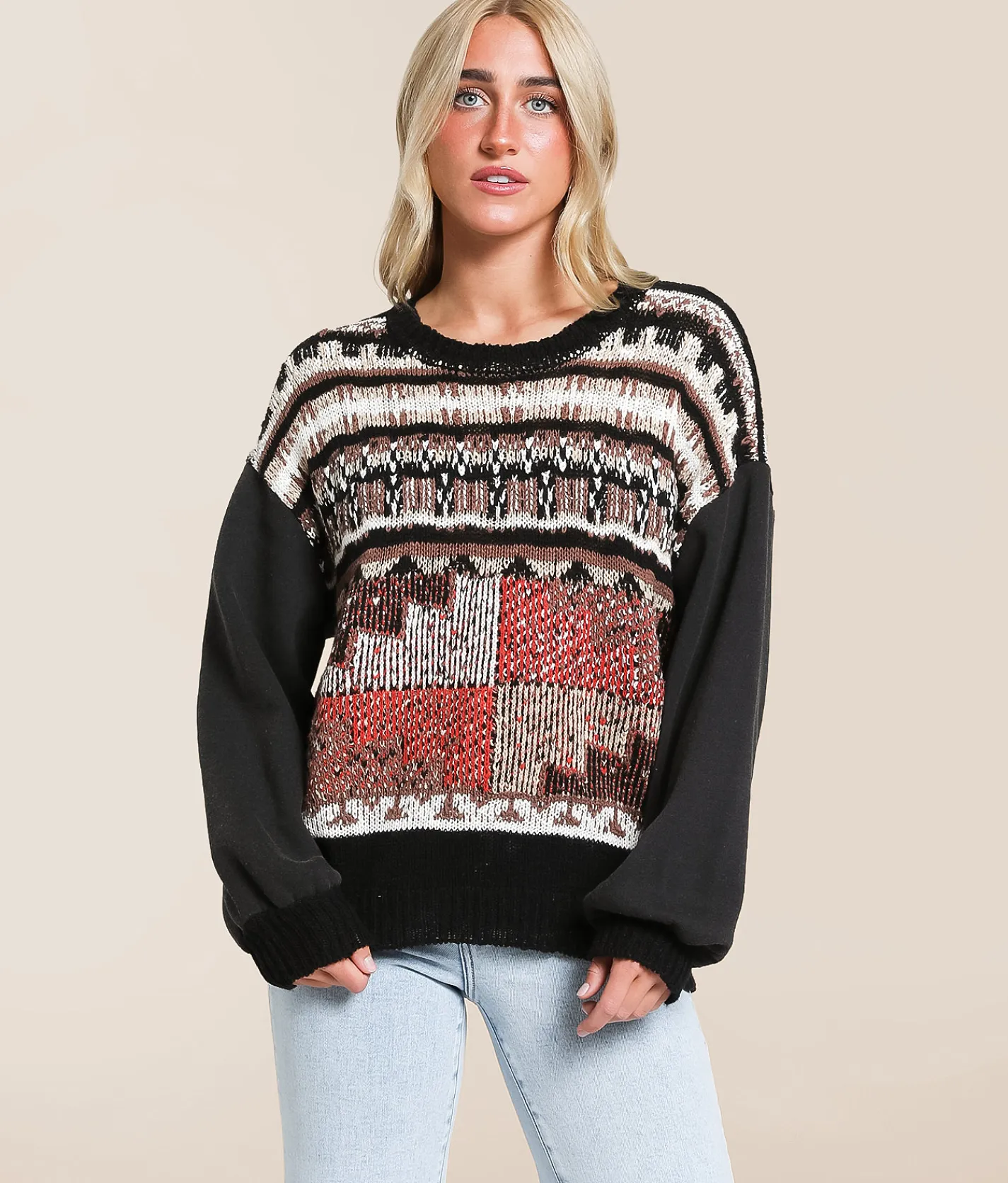 Tops | Gilded Intent Mixed Sweater Black Multi Print