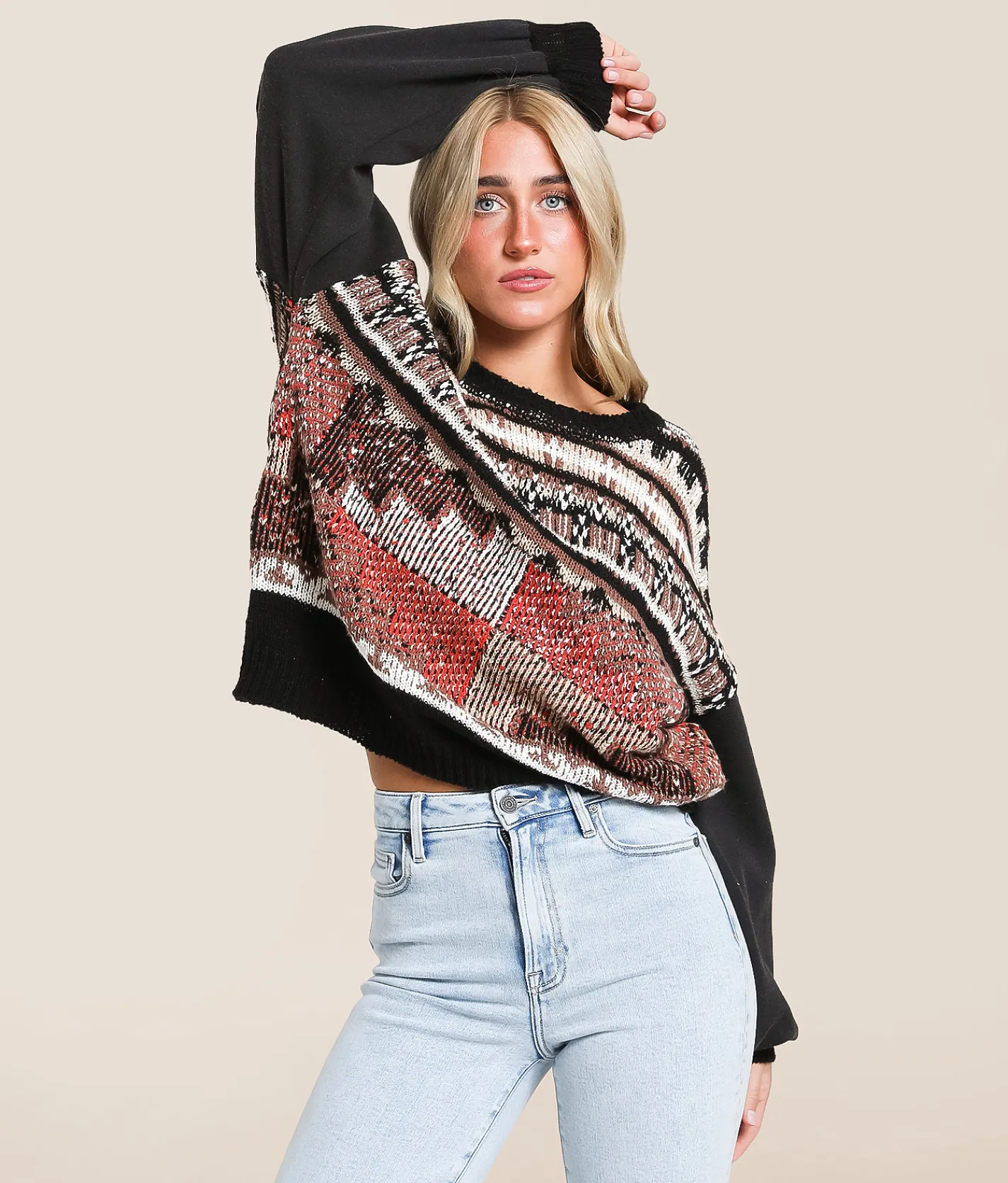 Tops | Gilded Intent Mixed Sweater Black Multi Print