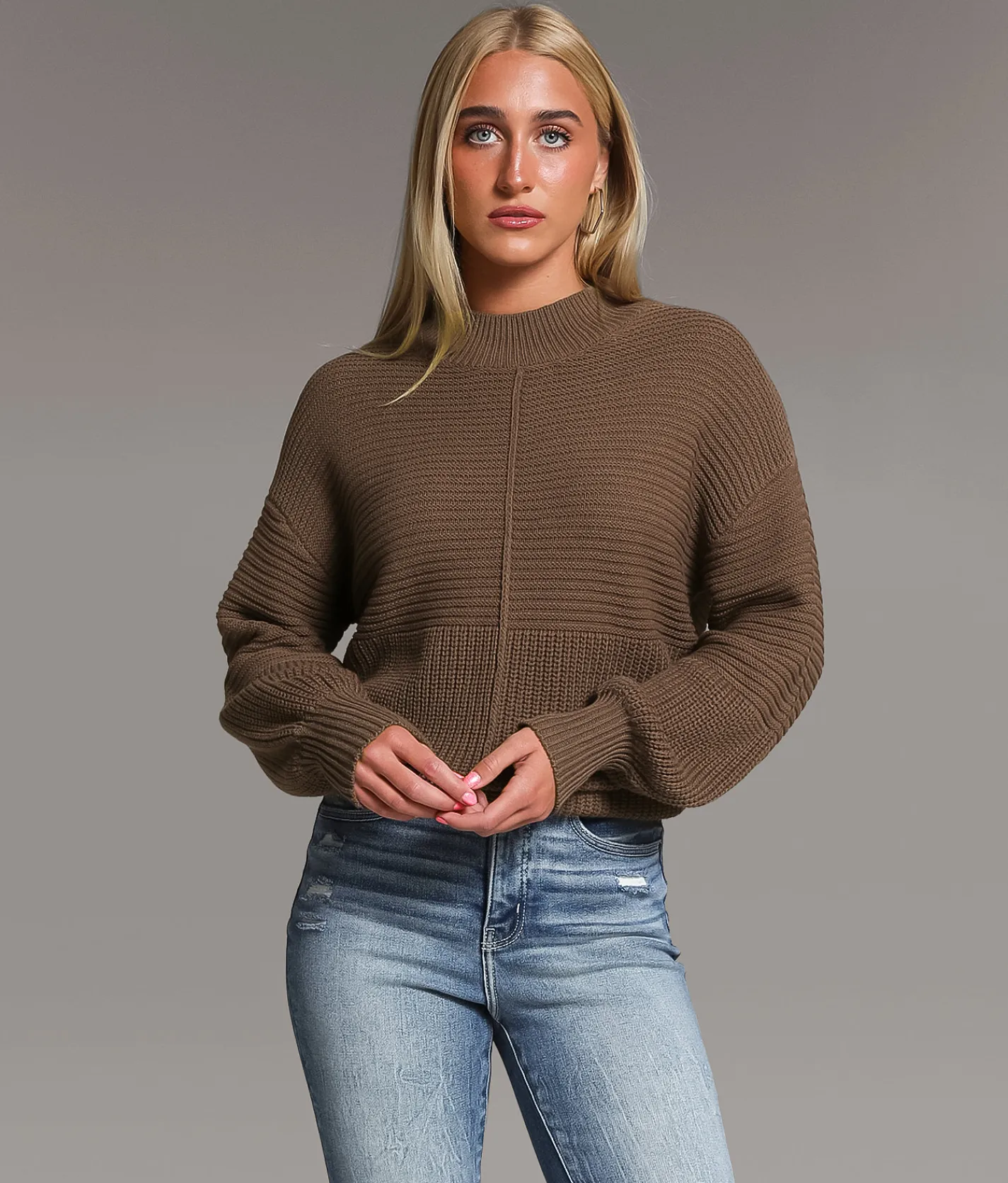 Tops | BKE Mock Neck Ribbed Sweater Peppercorn