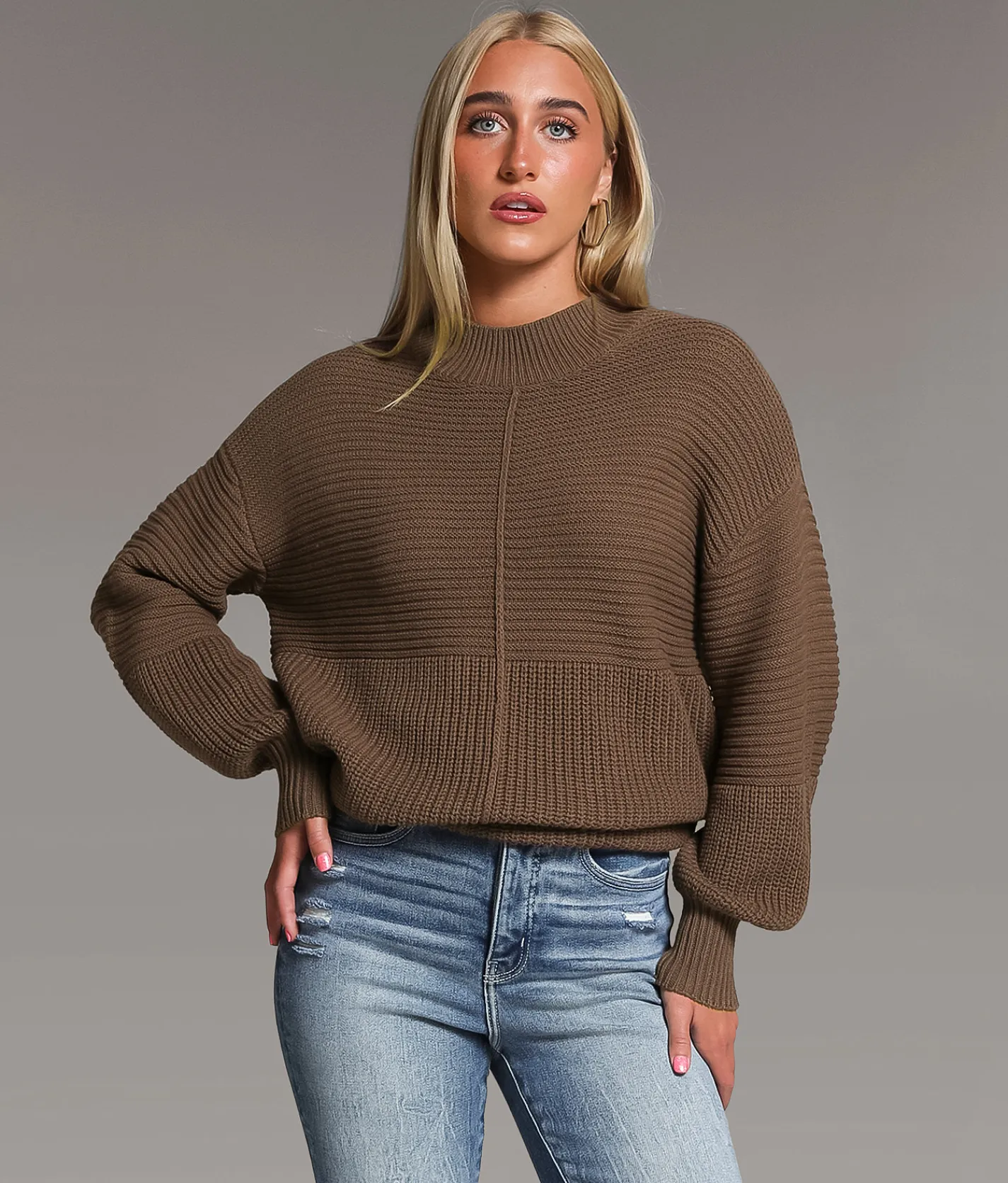 Tops | BKE Mock Neck Ribbed Sweater Peppercorn