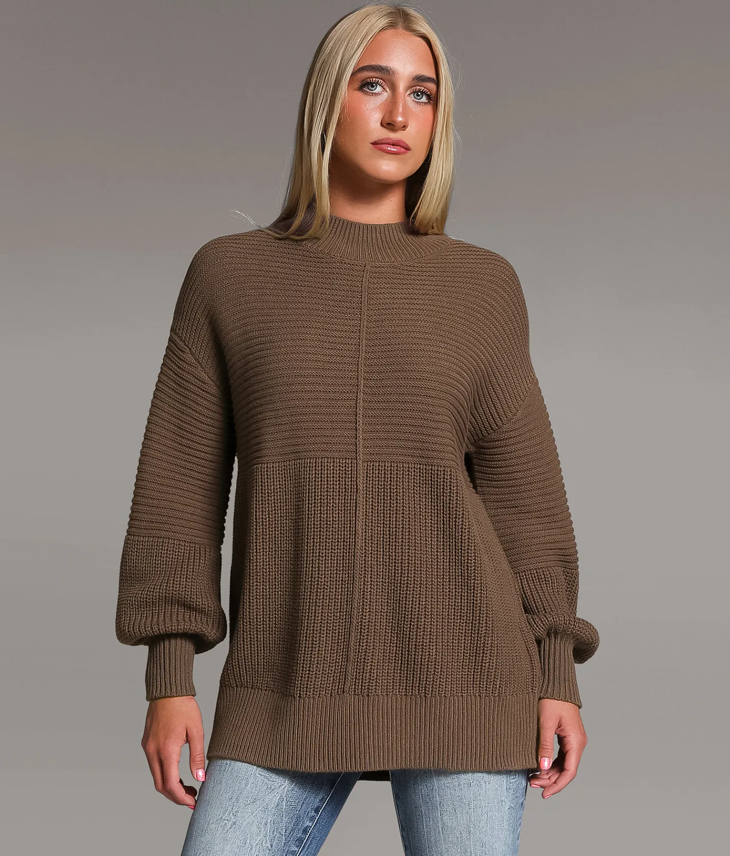 Tops | BKE Mock Neck Ribbed Sweater Peppercorn