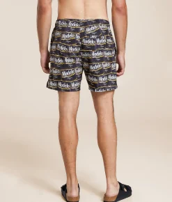 Bottoms | Bioworld Modelo Labels Stretch Swim Trunks Black