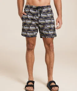 Bottoms | Bioworld Modelo Labels Stretch Swim Trunks Black