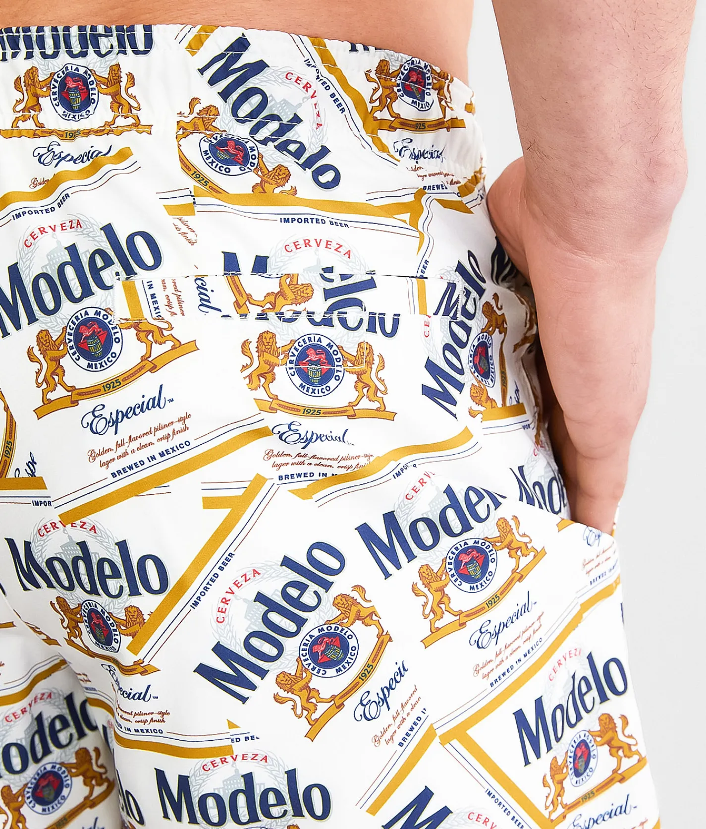 Bottoms|Swimwear | Bioworld Modelo Labels Swim Trunks White