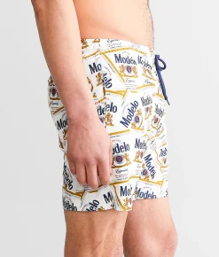 Bottoms|Swimwear | Bioworld Modelo Labels Swim Trunks White