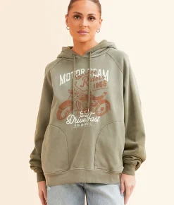 Modish Rebel Motor Team Hooded Sweatshirt Olive Clearance