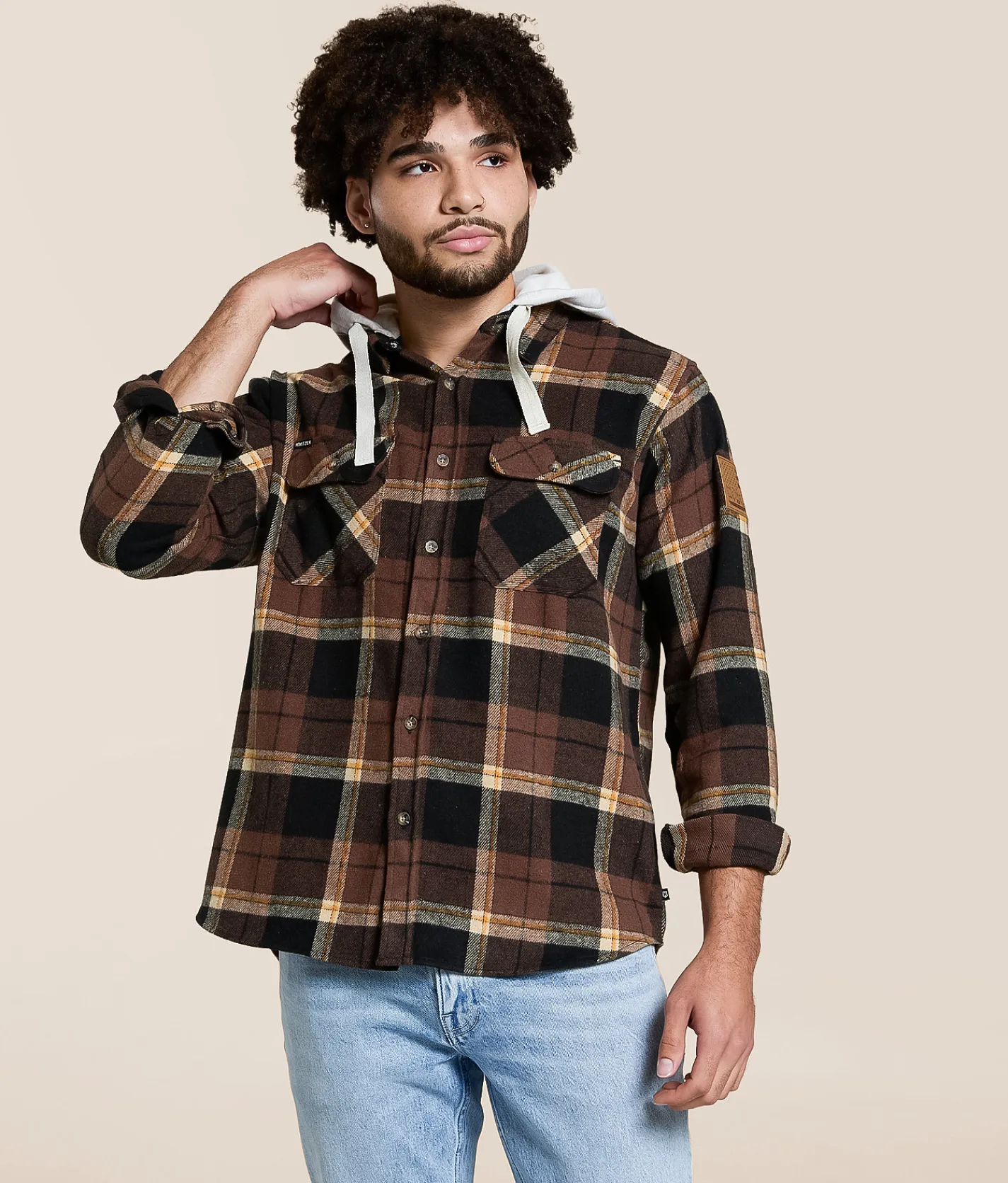 Tops | Howitzer Musket Flannel Hooded Shirt Brown Cream Yellow