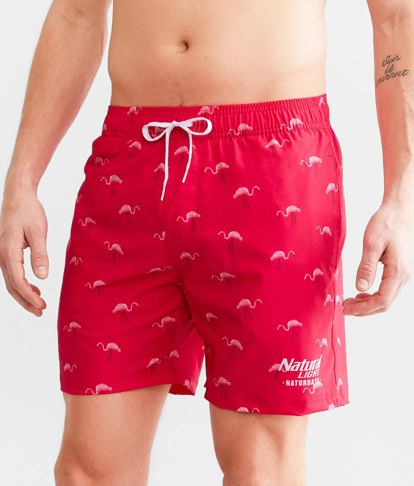 Bottoms|Swimwear | Tipsy Elves Natural Light® Flamingos Swim Trunks Pink