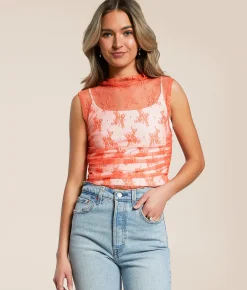Tops | Free People Nice Try Floral Lace Tank Top Spring Melon