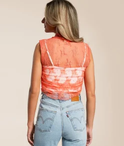 Tops | Free People Nice Try Floral Lace Tank Top Spring Melon