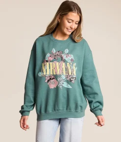 Tops | Merch Traffic Nirvana Floral Oversized Band Pullover Green