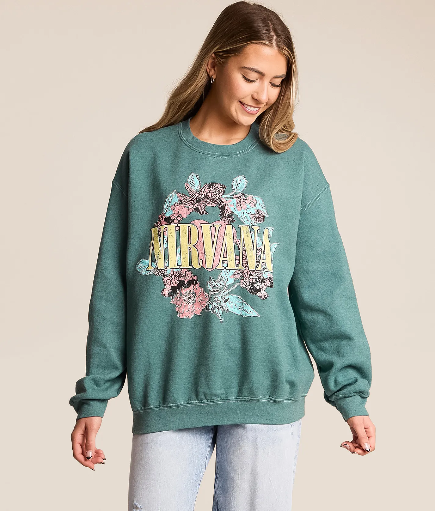 Tops | Merch Traffic Nirvana Floral Oversized Band Pullover Green