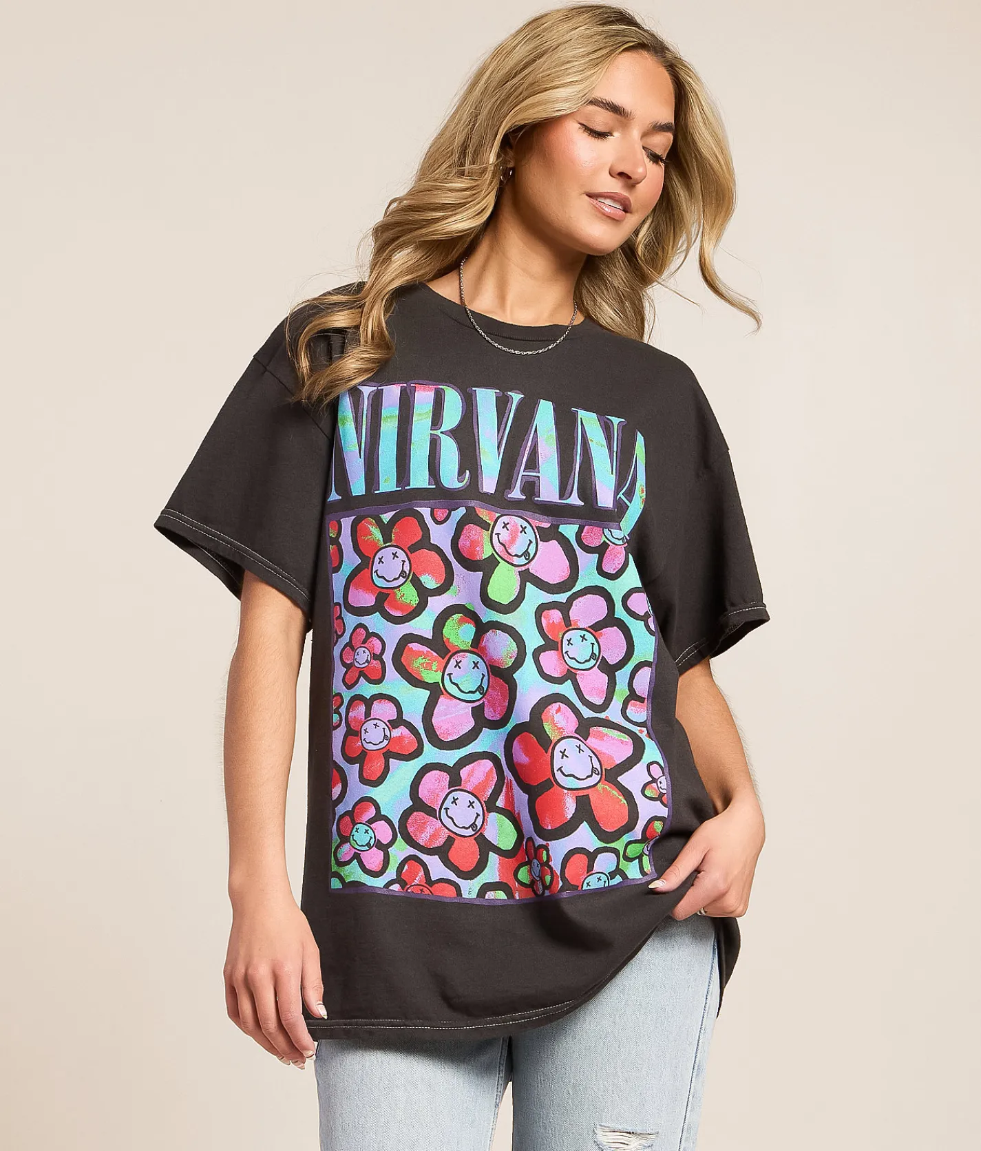 Tops | Merch Traffic Nirvana Floral Oversized Band T-Shirt Black