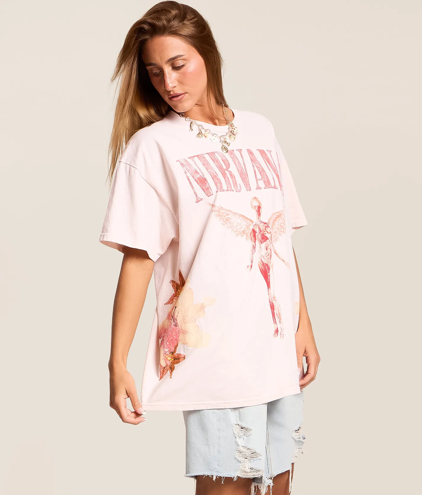Merch Traffic Nirvana Floral Oversized Band T-Shirt Light Pink Clearance