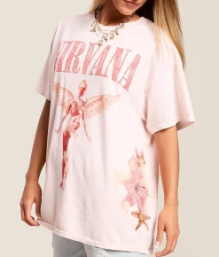 Merch Traffic Nirvana Floral Oversized Band T-Shirt Light Pink Clearance