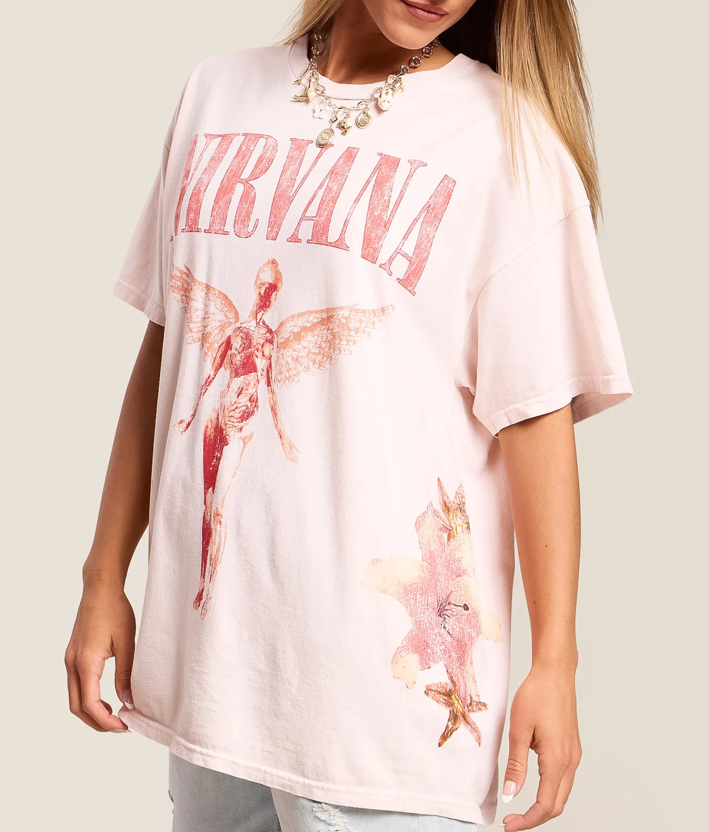 Merch Traffic Nirvana Floral Oversized Band T-Shirt Light Pink Clearance