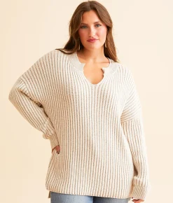 Tops | BKE Notch Neck Oversized Waffle Sweater Taupe Cream