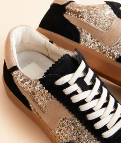 Dolce Vita Notice Leather Glitter Sneaker Black Gold Sale