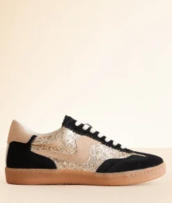 Dolce Vita Notice Leather Glitter Sneaker Black Gold Sale