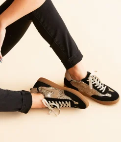 Dolce Vita Notice Leather Glitter Sneaker Black Gold Sale
