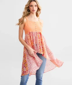 Tops | Miss Me Nubby Floral Chiffon Tunic Tank Top Coral Multi