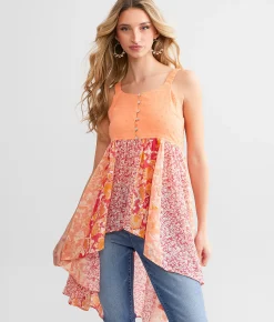 Tops | Miss Me Nubby Floral Chiffon Tunic Tank Top Coral Multi