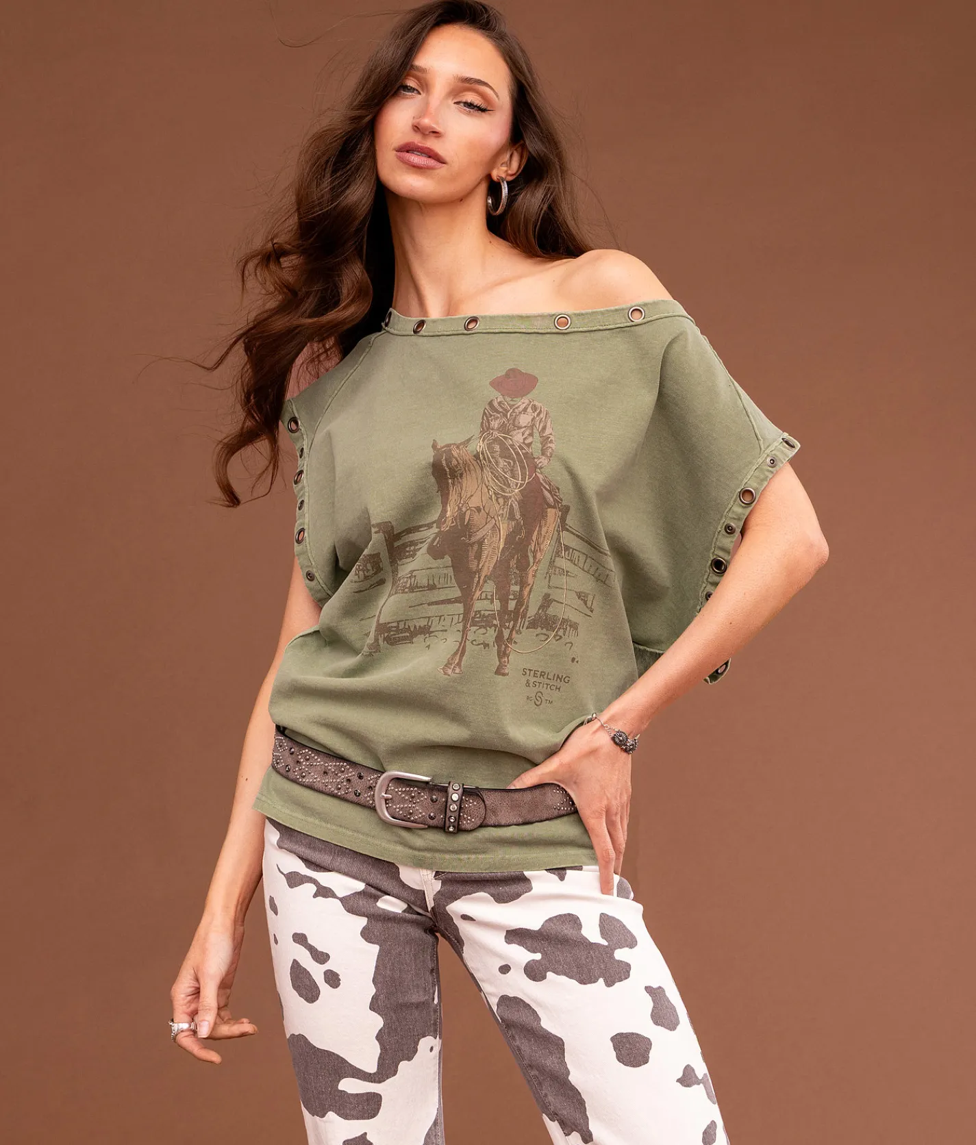Tops | Sterling & Stitch Off The Shoulder Grommet T-Shirt Sea Spray