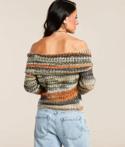 Gilded Intent Off The Shoulder Marled Sweater Green Orange Marl Hot