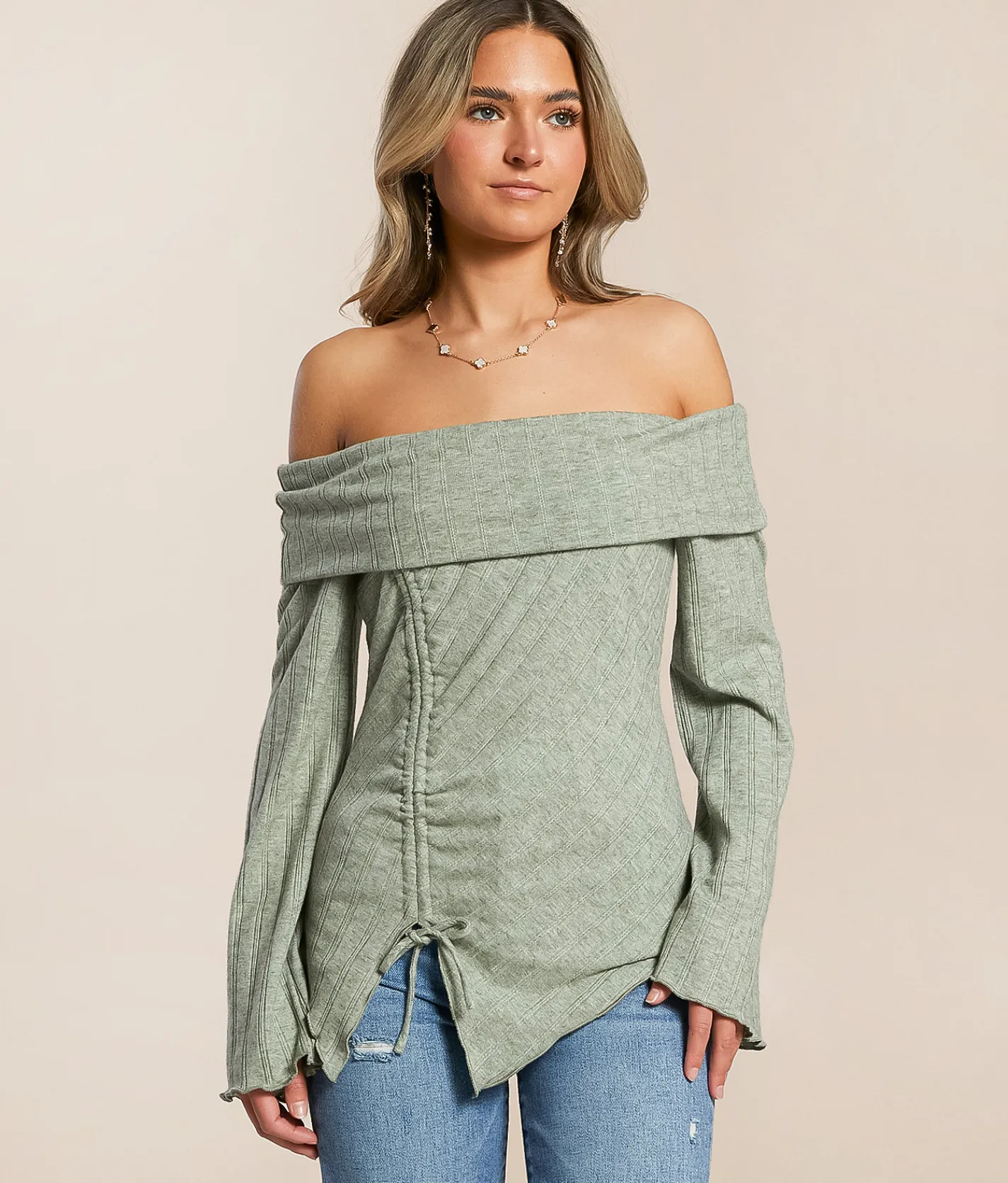 Tops | Willow & Root Off The Shoulder Ribbed Top Seagrass