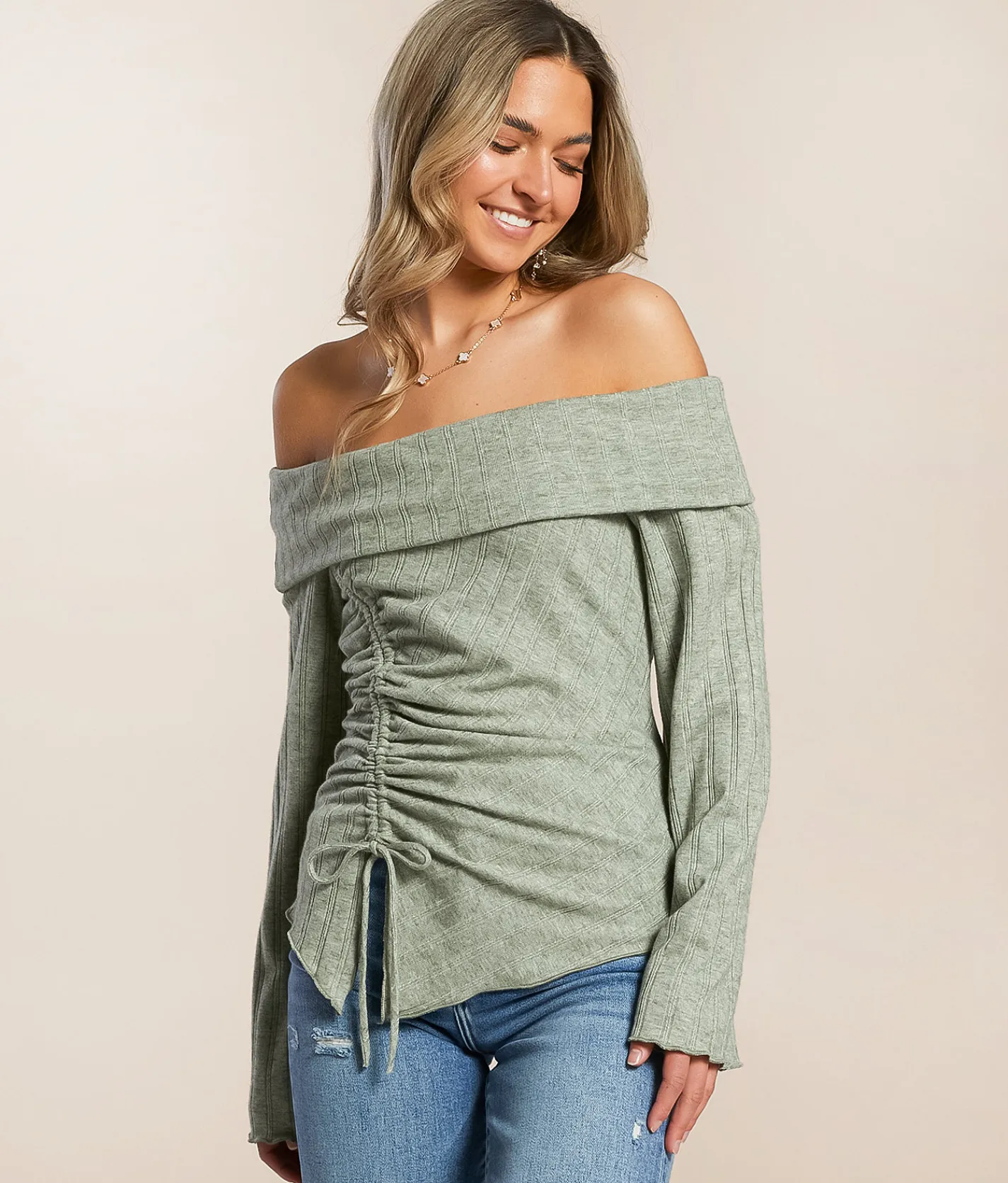 Tops | Willow & Root Off The Shoulder Ribbed Top Seagrass