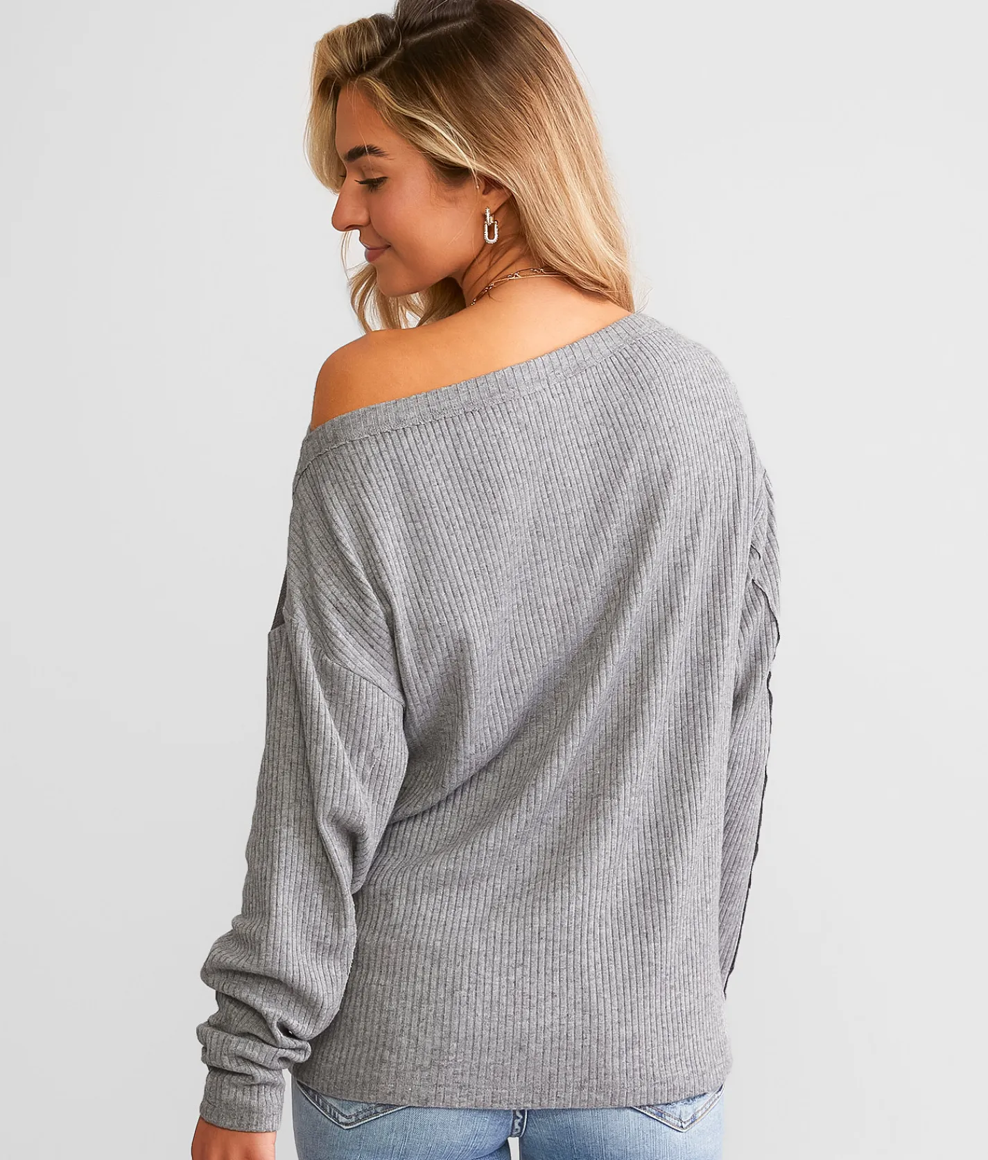 BKE Off The Shoulder Ribbed Top Grey Discount