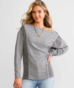 BKE Off The Shoulder Ribbed Top Grey Discount