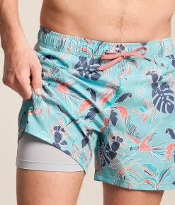 SAXX Oh Buoy 2N1 DropTemp Stretch Swim Trunks Island Tropics Blue Tide New