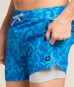 SAXX Oh Buoy 2N1 DropTemp Stretch Swim Trunks Splash Palms Bold Blue Hot