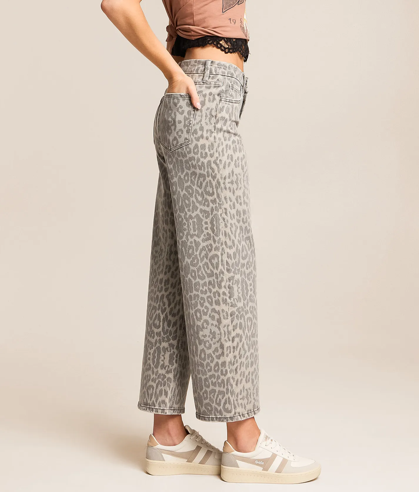 Jeans | VERVET by Flying Monkey Olivia Leopard Wide Cropped Jean Grey Leopard
