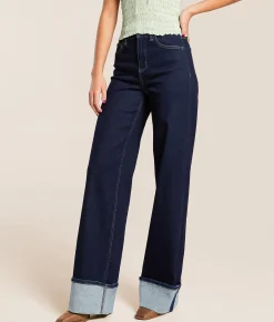 VERVET by Flying Monkey Olivia Wide Leg Stretch Cuffed Jean Brilliant Jewel Clearance