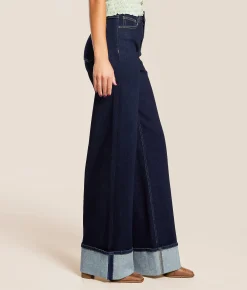 VERVET by Flying Monkey Olivia Wide Leg Stretch Cuffed Jean Brilliant Jewel Clearance