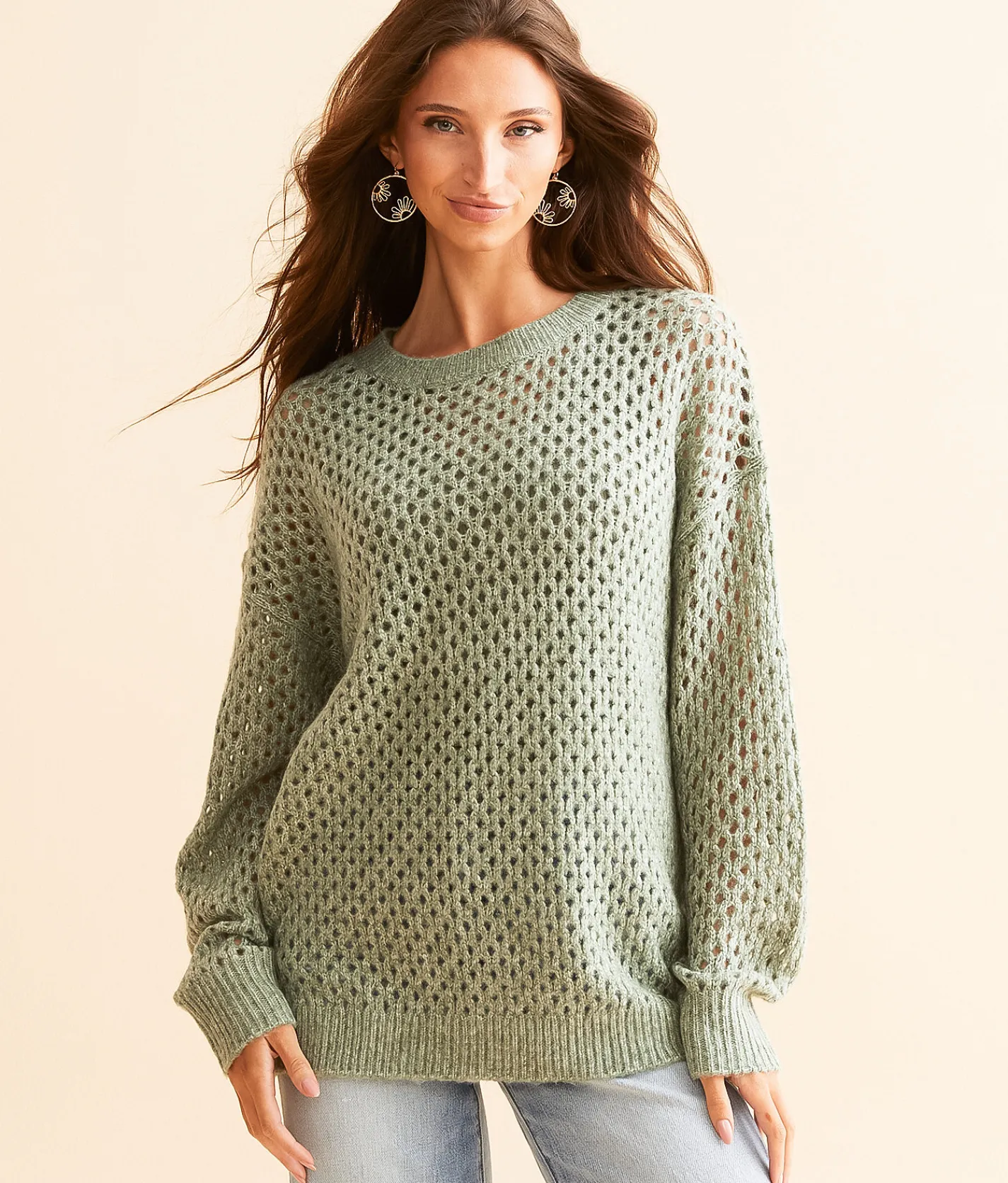 Tops | Daytrip Open Stitch Oversized Sweater Seagrass
