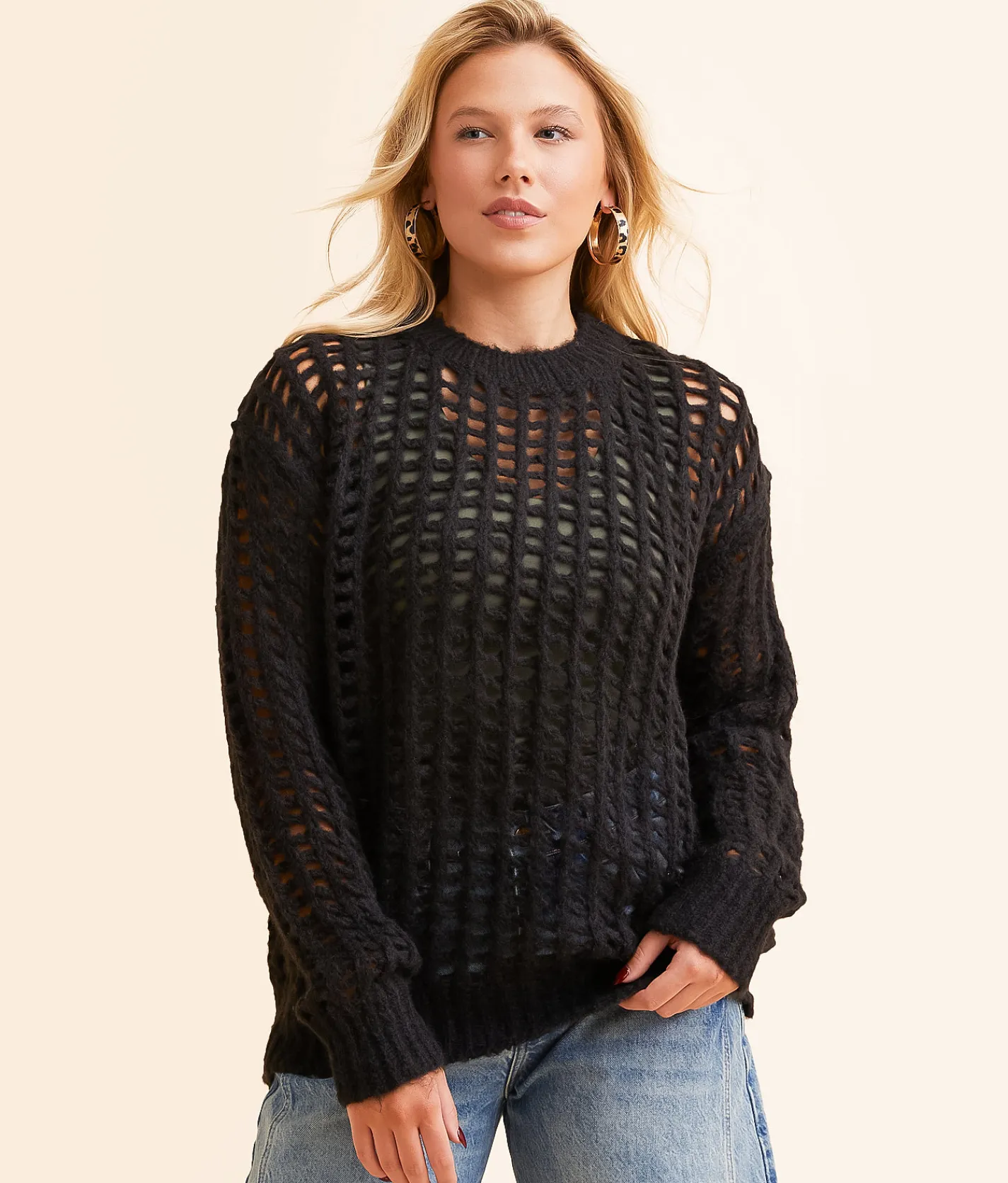 Tops | Double Zero Open Stitch Sweater Black