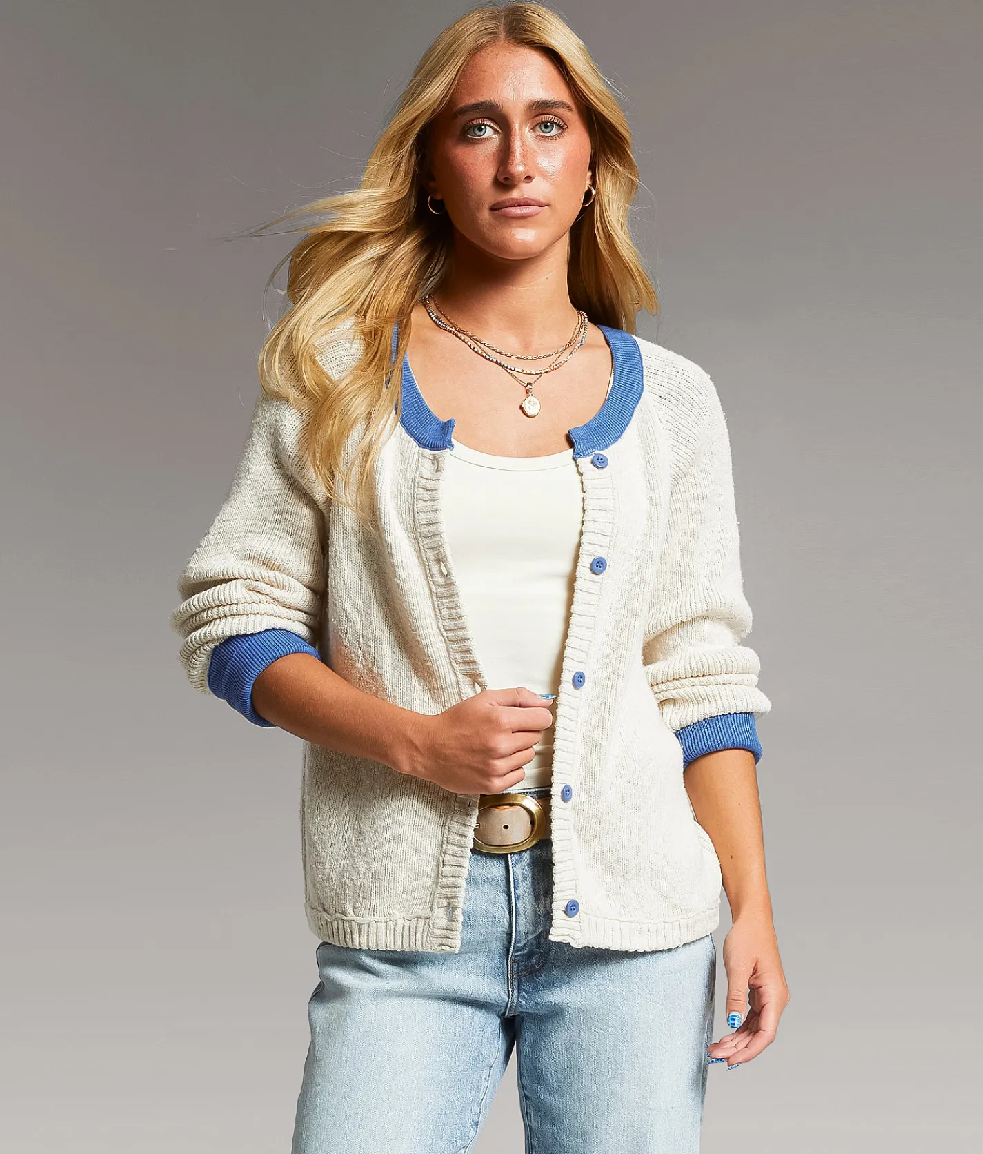 BKE Open Weave Cardigan Sweater Cream Blue Best
