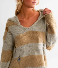 mystree Open Weave Hooded Sweater Caramel Mix Hot