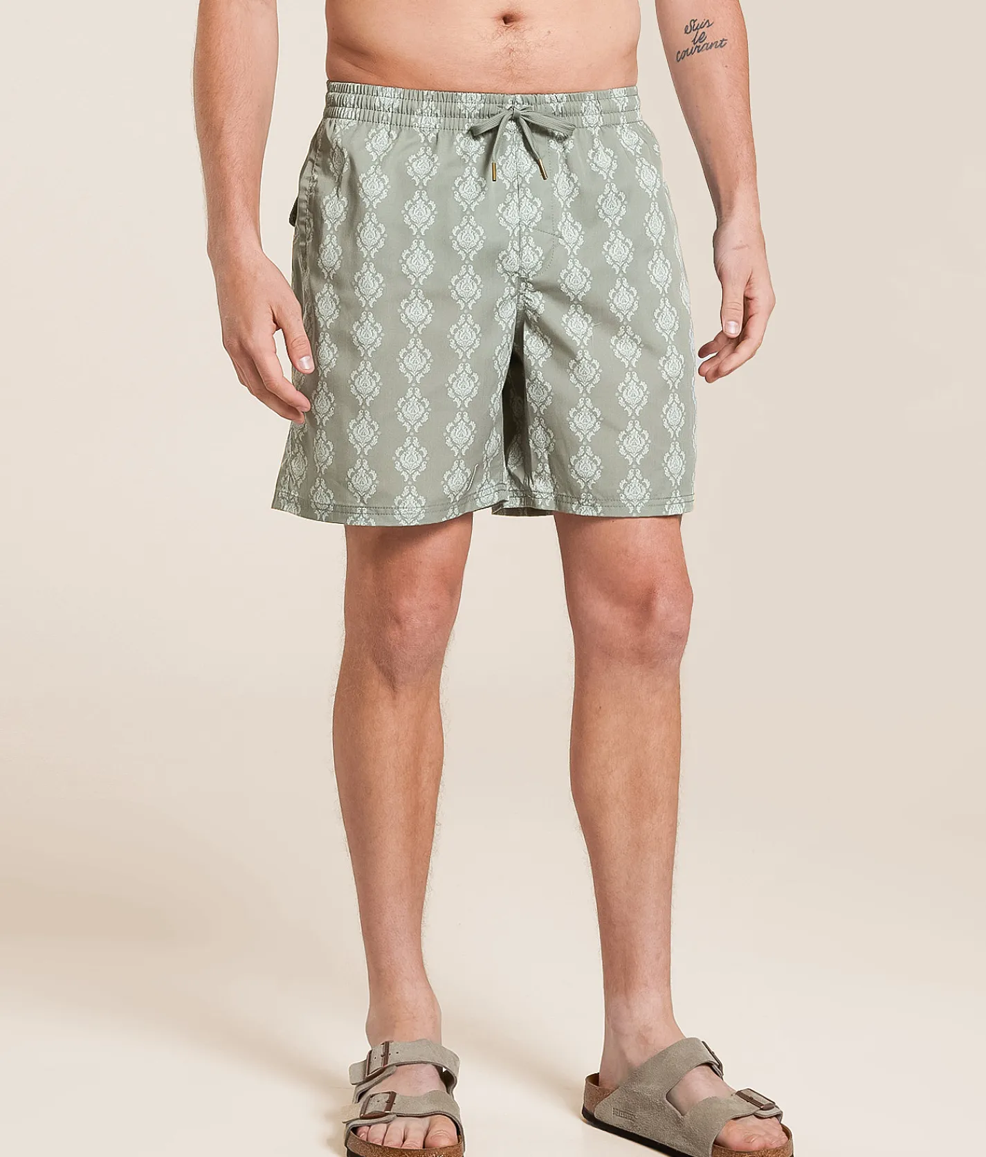Rhythm Ornate Striped Beach Swim Trunks Olive Clearance
