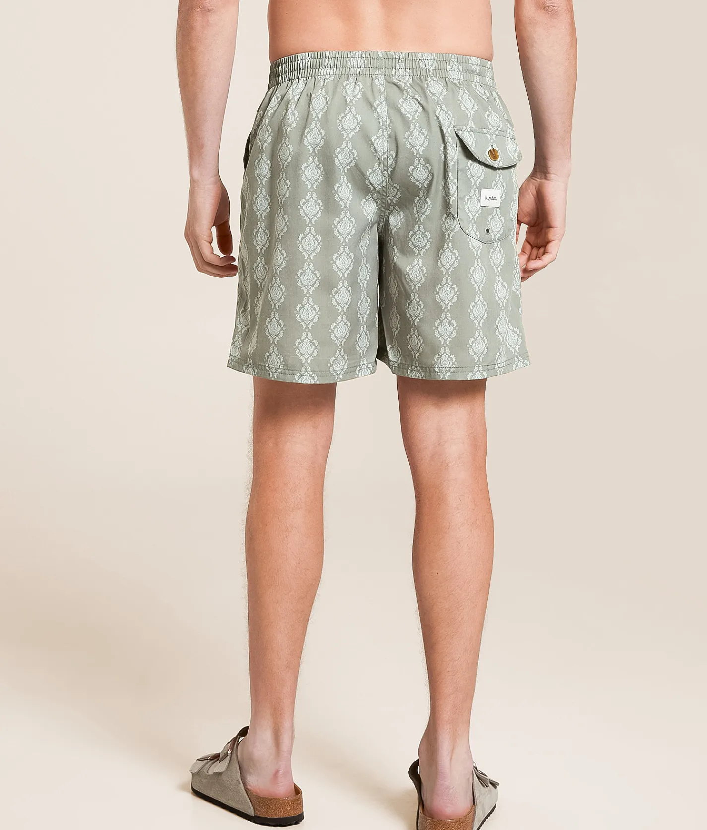 Rhythm Ornate Striped Beach Swim Trunks Olive Clearance