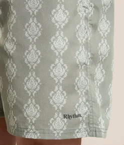 Rhythm Ornate Striped Beach Swim Trunks Olive Clearance