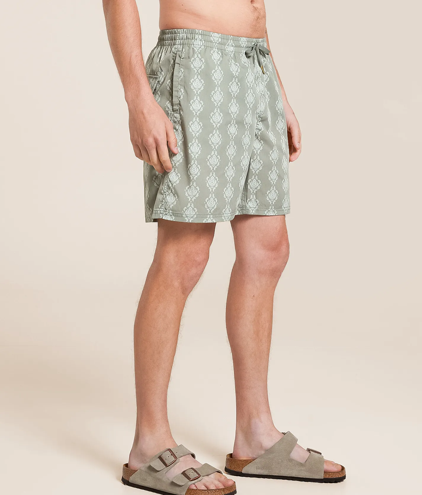 Rhythm Ornate Striped Beach Swim Trunks Olive Clearance