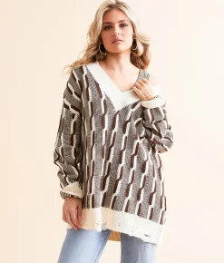 Tops | Gilded Intent Oversized Cable Tunic Sweater Brown and Cream