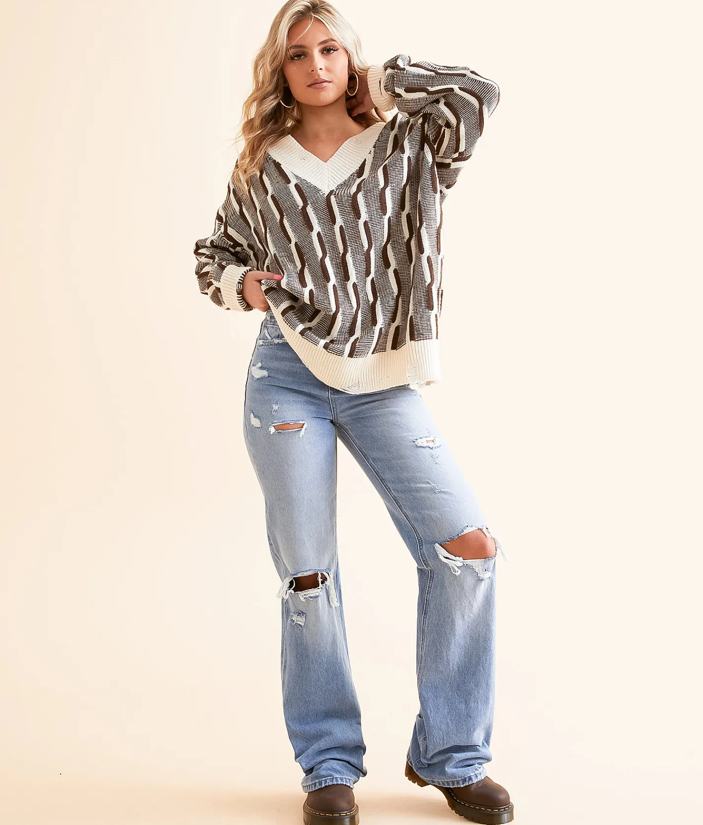 Tops | Gilded Intent Oversized Cable Tunic Sweater Brown and Cream