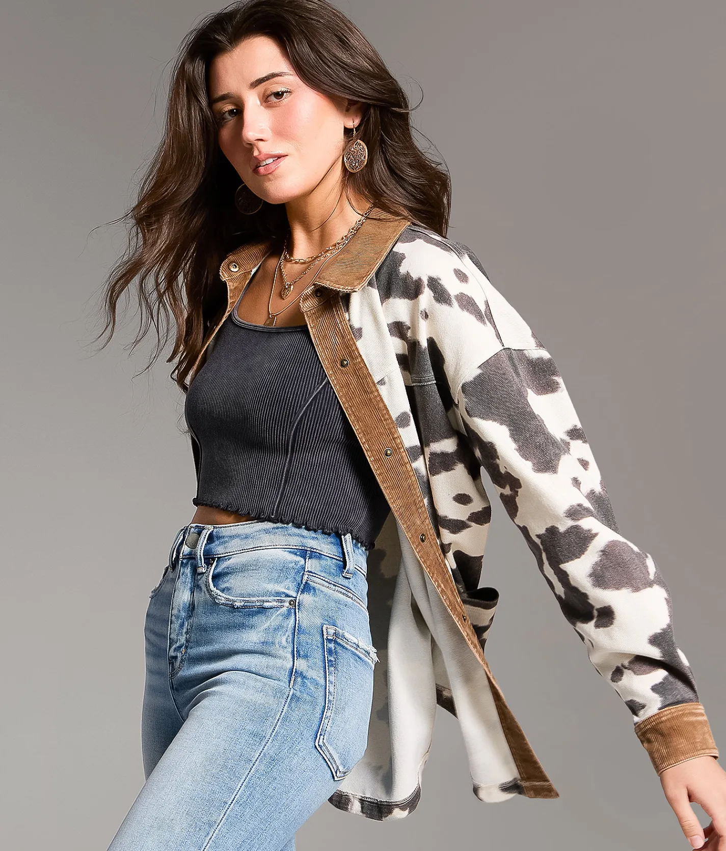 BKE Oversized Cow Shacket Cow Print Hot
