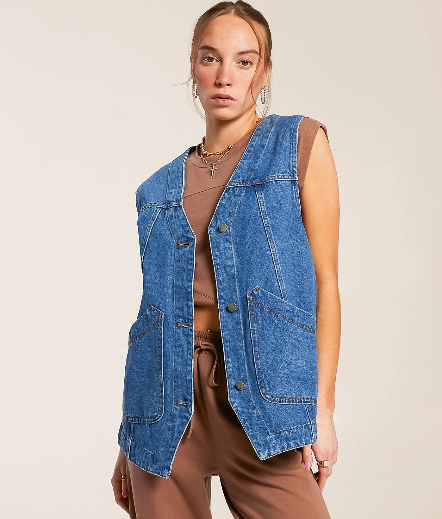 Tops|Coats & Jackets | Veveret Oversized Denim Vest Dark Wash