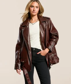 Azalea Wang Oversized Faux Leather Jacket Burgundy Clearance